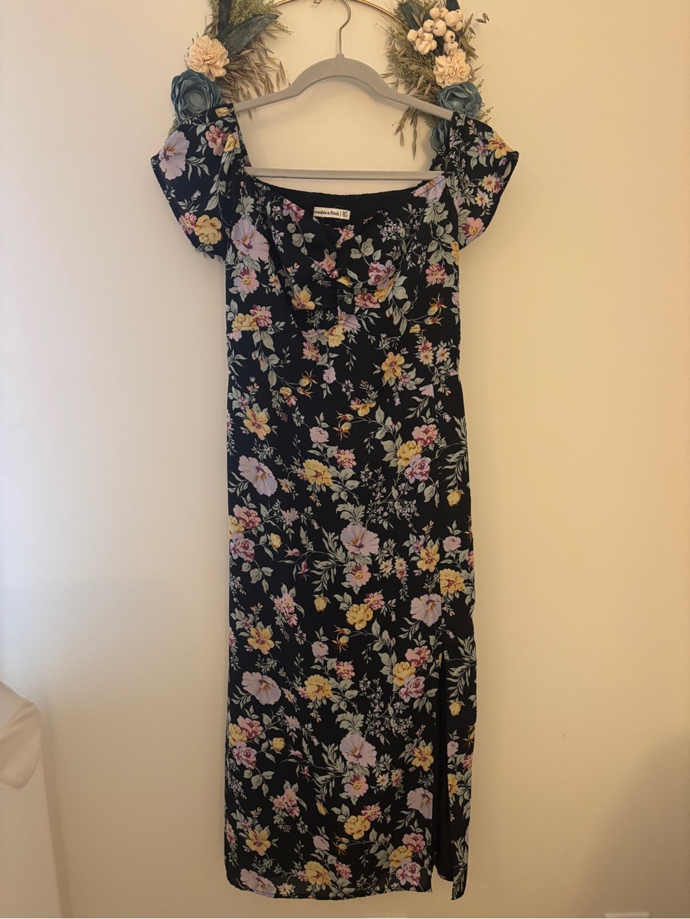 Abercrombie & Fitch Black Floral Midi Dress with Pastel Blooms